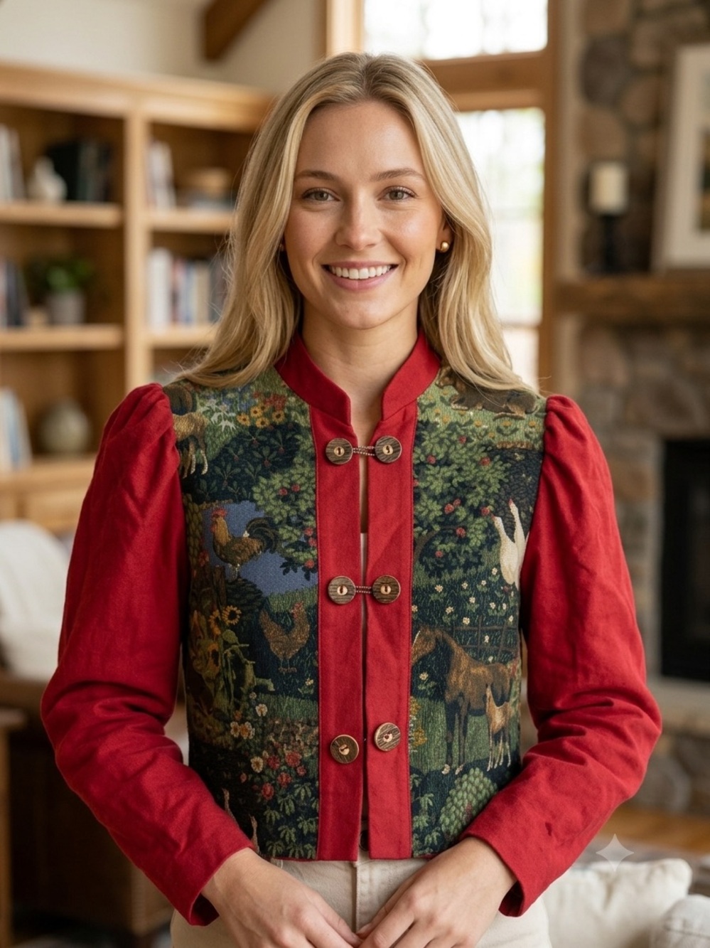 Vintage Yessica Tapestry Cottagecore Cropped Jacket / Top - Red Puff Sleeves,
